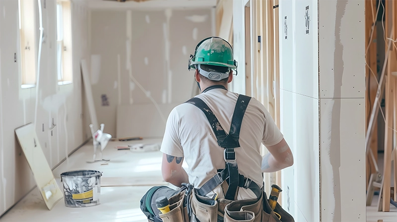 construction-worker-protective-gear-installing-drywall-bright-indoor-building